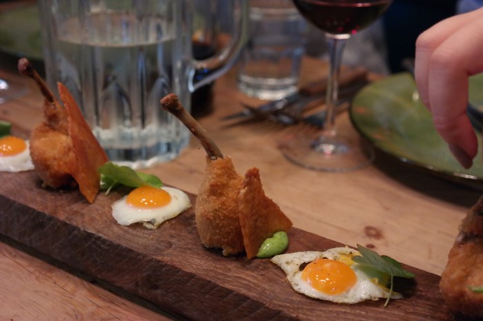 Chicken lollies and mini fried eggs